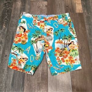 Polo Ralph Lauren Men's Hula Girl Hawaiian Beach Blue Linen Blend Shorts 29 Slim